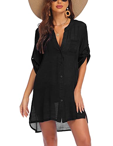 AI'MAGE Women's Swimsuit Cover Ups Shirt V-Neck Button Down Bathing Suit Coverups Beach Tunic Top S-3XL