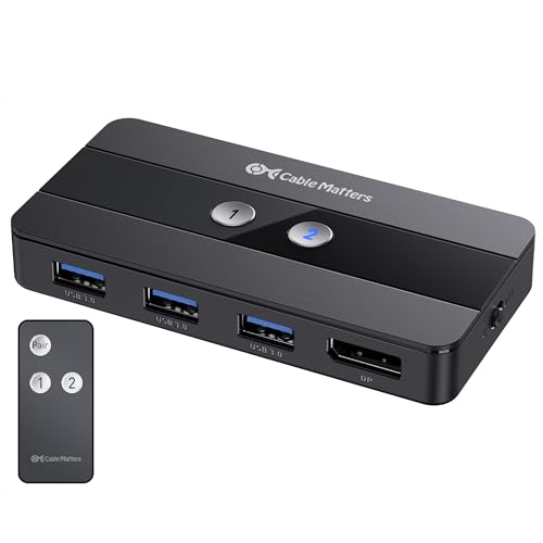 Cable Matters USB 3.0 KVM Switch DisplayPort 1.4 for 2 Computers with 8K@60Hz / 4K@120Hz / 4K@144Hz Display Port Video & 3x 5Gbps USB Ports, FreeSync, G-SYNC and HDR Support - RF Remote Control Switch