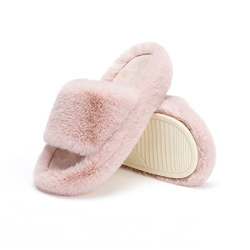 Chantomoo Women's Slippers Memory Foam House Bedroom Slippers for Women Fuzzy Plush Comfy Faux Fur Lined Slide Shoes Anti-Skid Sole Trendy Gift Slippers Pink Size7 8 6.5