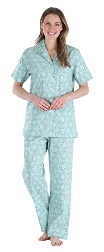 Sleepyheads Women's Poplin Cotton Short Sleeve Button Up Top and Pants Pajama Set, Pant Set - Bird Trellis Blue, X-Large