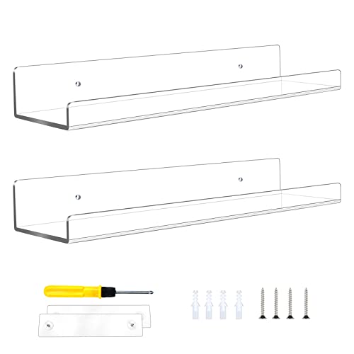 PITBVO Clear Acrylic Shelves, 2 Pack 15 Inch Kids Floating Wall Mounted Bookshelves Display Book Shelf, Funko Pop Display Case, 50% Thicker with Free Screwdriver