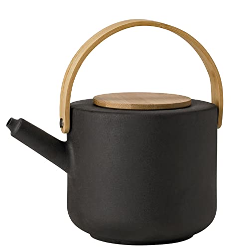 Stelton Theo Teapot - Rustic Stoneware Tea Pot, Round Bamboo Lid & Handle - Modern Scandinavian Design, Cast-Iron Finish - Stylish Afternoon Tea Accessories - 22x16cm (Black-Brown)