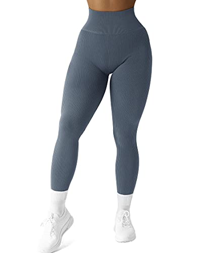 SUUKSESS Women Ribbed Seamless Leggings High Waisted Tummy Control Workout Yoga Pants (Navy Blue, M)
