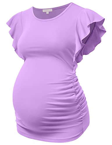 Bhome Maternity Tshirts Flying Shorts Sleeve Blouse Side Ruched Casual Pregnant Tunic Top Purple M