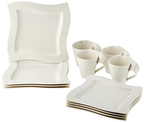 Villeroy & Boch NewWave 12-Piece Place Setting, Service For 4, Plates & Mugs, Premium Porcelain, Made in Germany, White