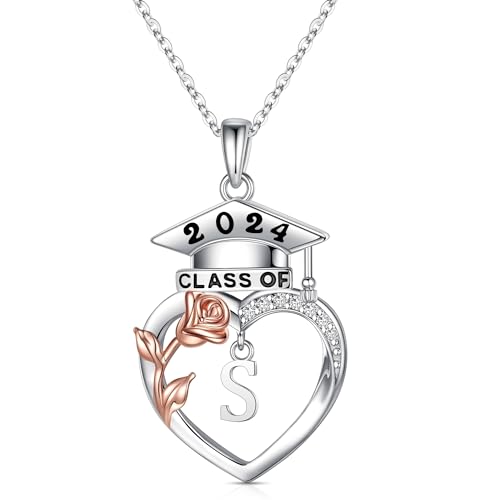 2024 Graduation Gifts for Her - S925 Sterling Silver Rose Heart Initial Letter S Necklace Class of 2024 Gifts High School Senior College Graduation Gifts for Her Women Teen Girls Grad Present