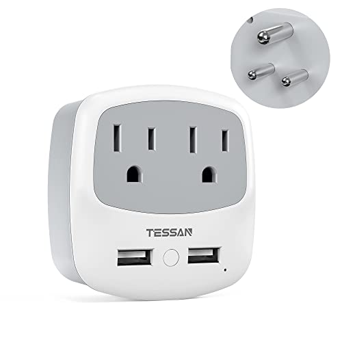 TESSAN US to India Plug Adapter, Type D Travel Adaptor with 2 USB Charger Ports 2 American Outlets, USA to India Power Converter for Nepal Bangladesh Maldives Pakistan Tanzania
