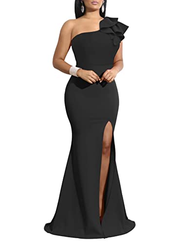 YMDUCH Women's Sexy Sleeveless One Shoulder Ruffle High Split Party Evening Long Formal Dress Black