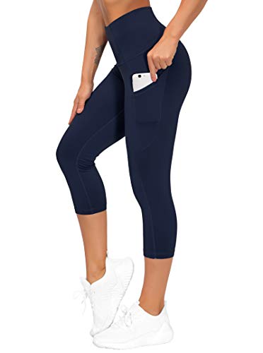 THE GYM PEOPLE Thick High Waist Yoga Pants with Pockets, Tummy Control Workout Running Yoga Leggings for Women (X-Large, Z-Capris Navy Blue)