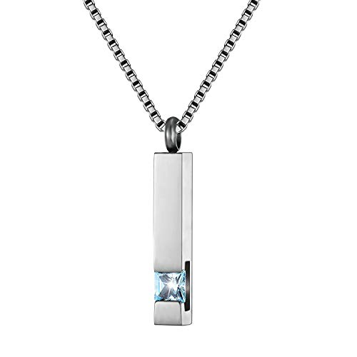 Silver Square Zircon Bar Cremation Urn Necklace for Ashes Memorial Pendant stainless steel Jewelry(Light Blue)