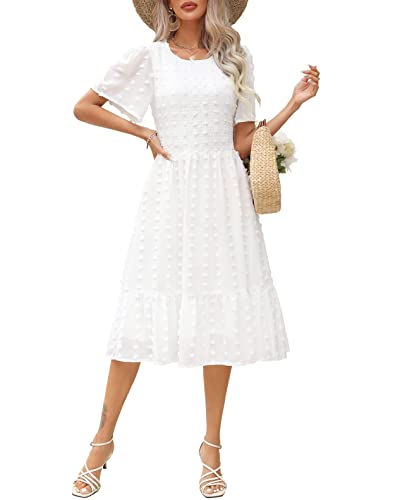 Kranda Women's Spring Dress Round Neck Short Sleeve Casual Dress Smocked Swiss Dot Swing Flowy Ruffle Midi Beach Summer Dresses 2024 White S