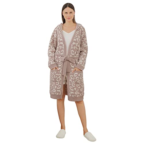 bearberry Hooded Robe Cozy Chic In The Wild Robe Lightweight Soft Plush Bathrobe Sleepwear Nightgown with Pockets for Women(Stone/Cream)