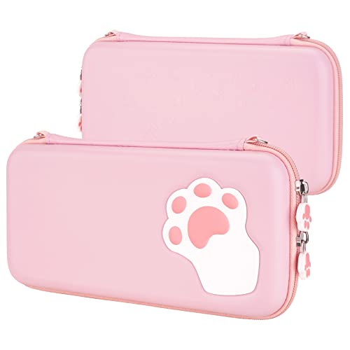 eXtremeRate PlayVital Pink Cute Carrying Case for Nintendo Switch Lite, Thumb Grip Caps + Cat Paw Slim Travel Case for Switch Lite, Portable Hardshell Girl Storage Case for Switch Game Accessories