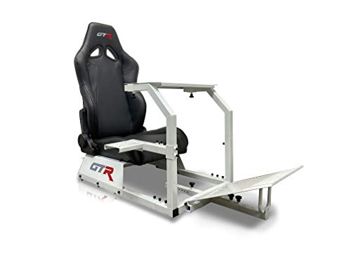 GTR Simulator GTA Model White Frame with Black Adjustable Leatherette Seat Racing Driving Gaming Simulator Cockpit Chair