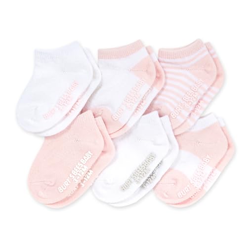 Burt's Bees Baby Baby Socks, 6-Pack Ankle or Crew with Non-Slip Grips, Made with Organic Cotton, Pink Blossom Multi, 12-24 Months