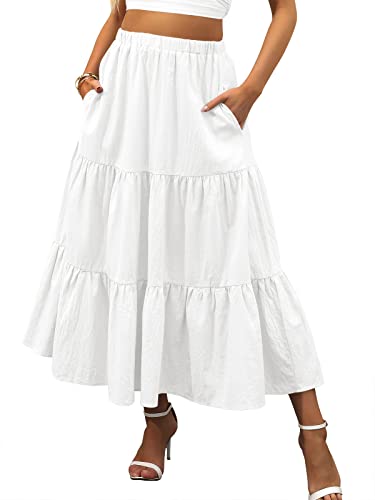 ANRABESS Women’s Summer Boho Flowy Swing Tiered A-Line Midi Skirt 2024 Fashion Trendy Elastic Waist Pleated Long Beach Dress with Pockets White Small