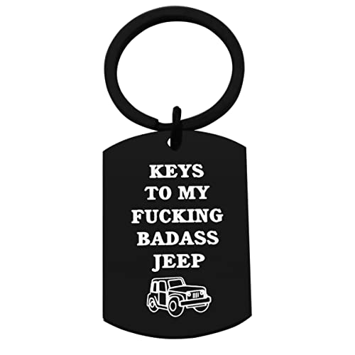 CHENVA Car Keychain Car Girl Gift Stainless Steel Dog Tag Keyring Car Wrangler Accessories Gift for Car Lover (Keys to My Badass Jp Keychain Black)