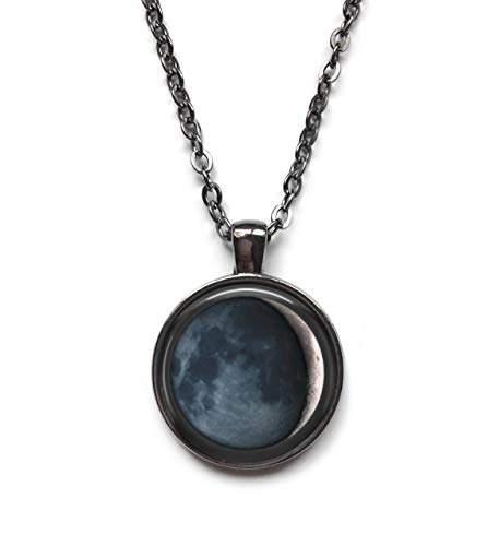 Little Gem Girl Custom Lunar Phase Necklace Personalized Birth Moon Round Glass Dome 25mm 1 inch Gunmetal Charm (Waxing Crescent)