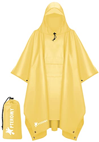 PTEROMY Hooded Rain Poncho for Adult with Pocket, Waterproof Lightweight Unisex Raincoat for Hiking Camping Emergency (Yellow)