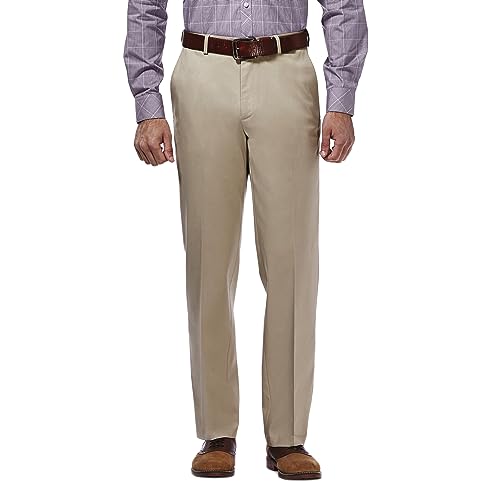 Haggar mens Premium No Iron Khaki Classic Fit Expandable Waist Flat Front Casual Pants, Khaki, 36W x 29L US