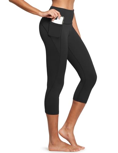 BALEAF Women's Yoga Capri Leggings with Pockets Plus Size High Waisted Workout Running Gym Casual Capris Pants Black M