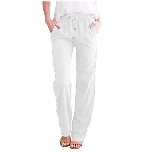 Warehouse Deals Today Women High Waist Linen Pants Straight Leg Casual Loose Summer Beach Lightweight Solid Drawstring Cotton Linen Pant Trousers Women Linen Pants Z4-White S