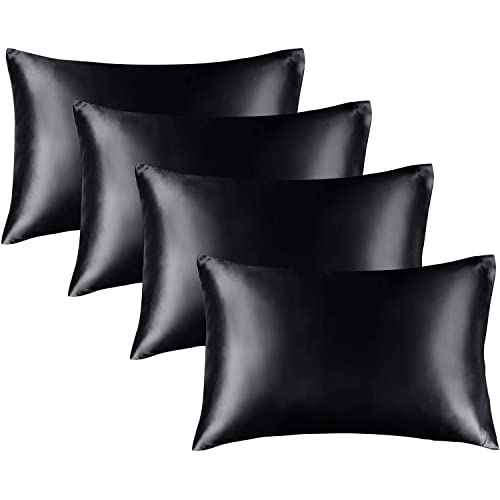 BEDELITE Satin Silk Pillowcase for Hair and Skin, Black Pillow Cases Standard Size Set of 4 Pack Super Soft Pillow Case with Envelope Closure (20x26 Inches)