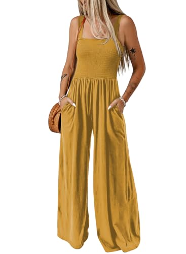 Dokotoo Womens Plus Size Light Yellow Jumpsuits for Women Overalls Loose Casual Wide Leg One Piece Sleeveless Solid Jumpsuit Long Pant Rompers with Pockets XX-Large