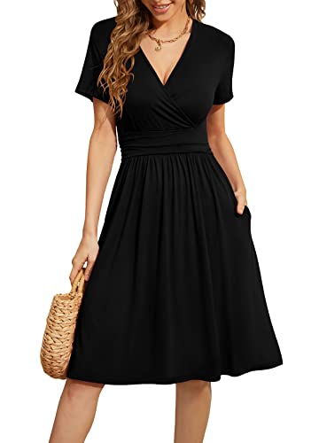 WEACZZY Summer Dress for Women Casual Short Sleeve Black Dresses Wrap V-Neck Party Dress with Pockets, Black, Medium