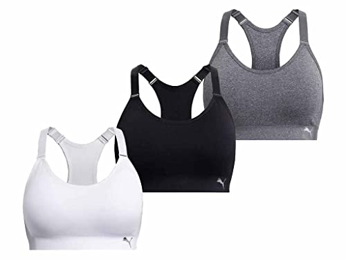 PUMA Women Sports Bra, 3-Pack (Black/White/Grey, Medium)