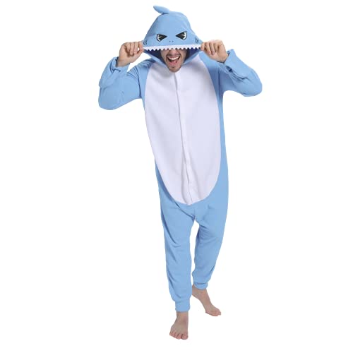 Focupaja Shark Pajamas Adult Animal Cosplay Costume Shark One Piece Pajamas Cartoon Homewear Sleepwear Shark Onesie Pajamas for Women Men(Blue-S)