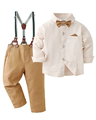 DISAUR Baby Boy Clothes Suits, Toddler Dress Shirt With Bowtie + Suspender Pants Outfit Sets Gentleman Wedding 1-6 Years (Beige,2-3T)