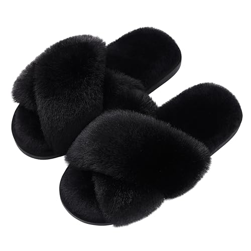 Evshine Women's Fuzzy Slippers Cross Band Memory Foam House Slippers Open Toe, Black, 40-41 (Size 8.5-9.5)