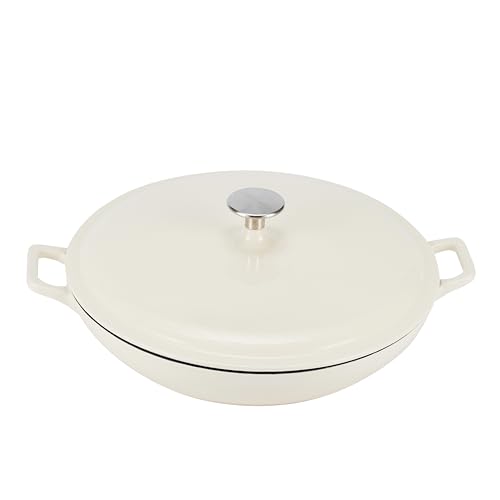 Amazon Basics Enameled Cast Iron Covered Oval Casserole Skillet, 3.3-Quart, White