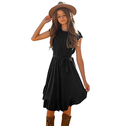 Teen Girls Vintage Solid Short Sleeve Ruffles Swing Dresses for 7-12 Years,Summer Elegant A-line Knee-Length Dress Black