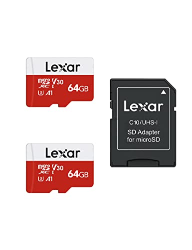 Lexar 64GB Micro SD Card 2 Pack, microSDXC UHS-I Flash Memory Card with Adapter - Up to 100MB/s, U3, Class10, V30, A1, High Speed TF Card (2 microSD Cards + 1 Adapter)