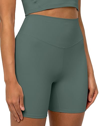 Kamo Fitness Ellyn High Waisted Yoga Shorts 6' Inseam Butt Lifting Tie Dye Soft Workout Pants Tummy Control (Sage Leaf Green, XS)