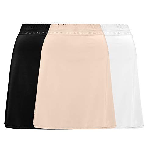 Free to Live 3-Pack Women's Half Slip Underskirt for Women, Above the Knee Length - Lace Trim Waist Under Dress (Large, Black, Ivory, Nude)
