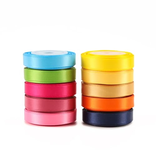 LaRibbons Solid Color Satin Ribbon 10 Color Double Face Rainbow Ribbon for Flower Bouquet, Gift Wrapping, Crafts Bows Birthday Wedding Party Decoration, 3/8' Wide, 5 Yard/Roll
