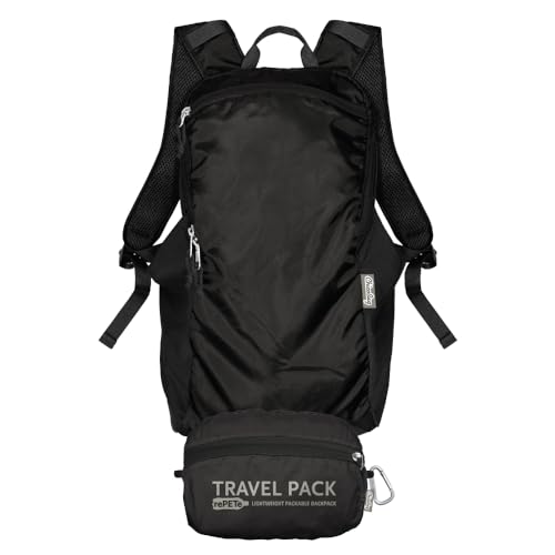 ChicoBag Travel Pack rePETe + Refine | Eco-friendly Lightweight and Packable Travel Backpack (Obsidian)