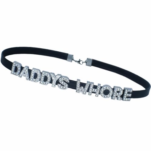 Algasan DADDY'S WHORE Rhinestone Choker Necklaces For Wife and Husband,Cosplay DDLG PU Leather Letters Collar Chokers For Lover,Gothic Punk Letters Sexy Jewelry For Women Girl Friend