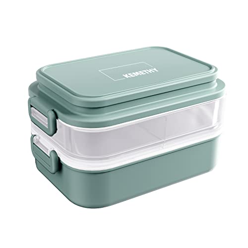 KEMETHY Bento Box Adult For Lunch, Stackable Large Capacity Containers with Tableware and Sauce Cups for Adults, Leak-Proof 2000ML/68OZ Green