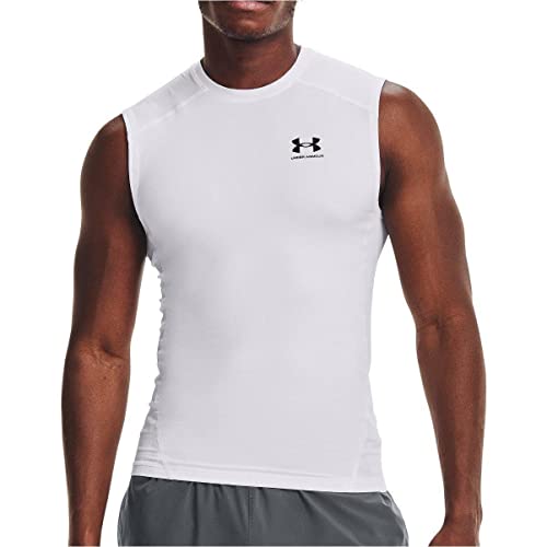 Under Armour mens Armour Heatgear Compression Sleeveless T-shirt , White (100)/Black , Medium