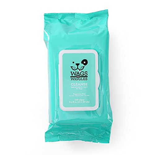 Wags & Wiggles Cleanse Hypoallergenic Wipes 100ct | Hypoallergenic Dog Wips 100 Count Package, Fragrance Free | Waterless Bathing to Keep Pets with Sensitive Skin Clean (FF22031)