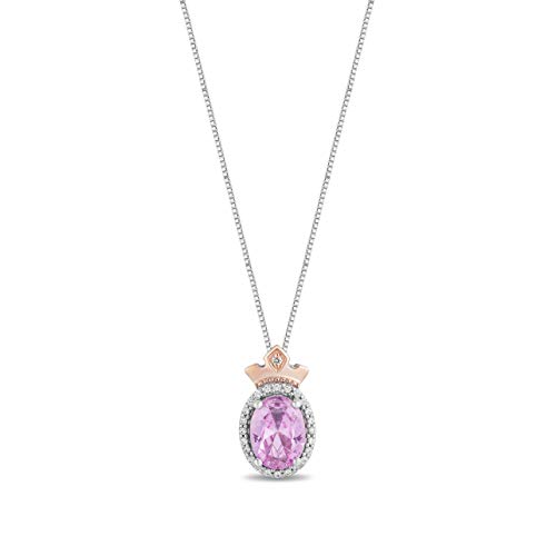 Jewelili Enchanted Disney Fine Jewelry 14K Rose Gold Over Sterling Silver 8x6 MM Oval Shape Created Pink Sapphire and 1/10 Cttw Natural White Round Diamond Aurora Pendant Necklace, 18' Cable Chain