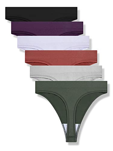 GRANKEE Women's Breathable Seamless Thong Panties No Show Underwear 6 Pack(Black/Caramel/Purple/Olive Green/Lavender/Light Grey 6 Pack S)
