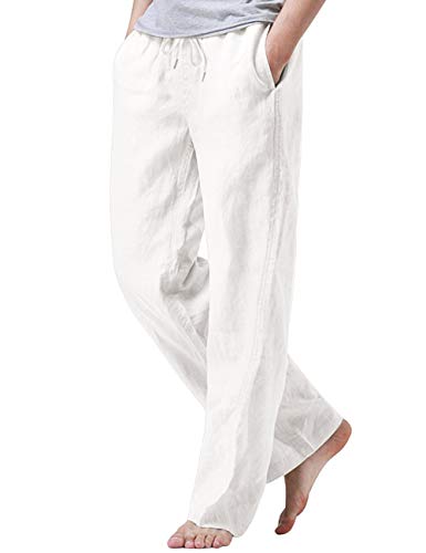 iWoo Mens Leisure Pants Elastic Waist with Pockets Linen-Cotton Drawstring Pants Wxxl White