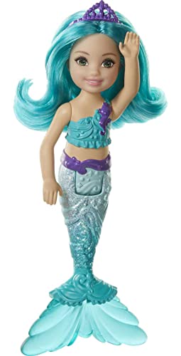 Barbie Dreamtopia Chelsea Mermaid Doll with Teal Hair & Tail, Tiara Accessory, Small Doll Bends at Waist
