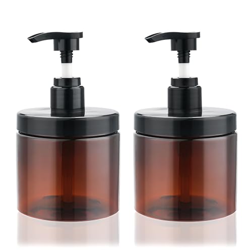 Cosywell Pump Bottle Dispenser Shampoo and Conditioner Dispenser 2 Pack 16.9oz/500ml Wide Mouth Hand Soap Dispenser Refillable Plastic Empty Liquid Container for Lotion Body Wash(Brown)