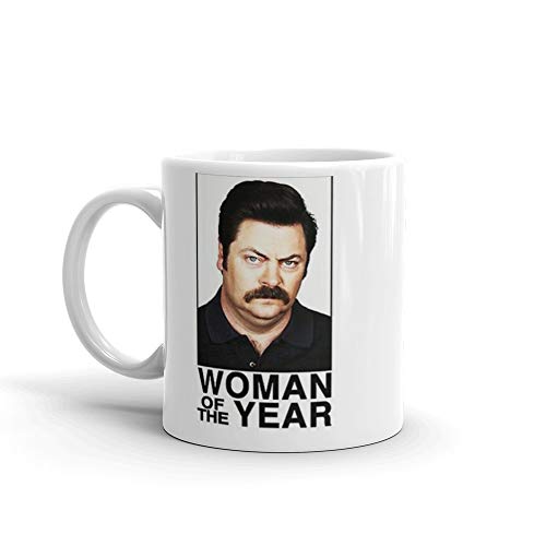 WOMAN OF THE YEAR - RON SWANSON 11 Oz White Ceramic.11 Oz Classic Coffee Mugs, C-handle And Ceramic Construction.